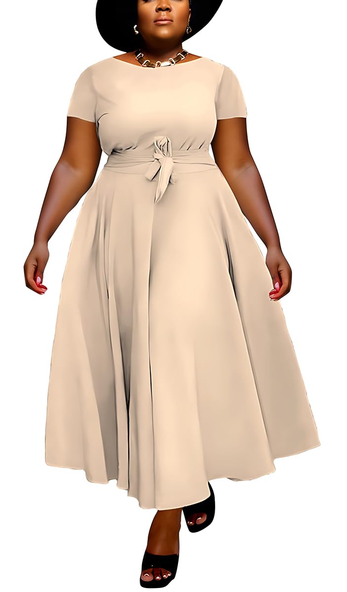 BFFBABY Plus Size Dress A Line Dresses for Women Summer Long Dresses with Sleeve Casual Belted