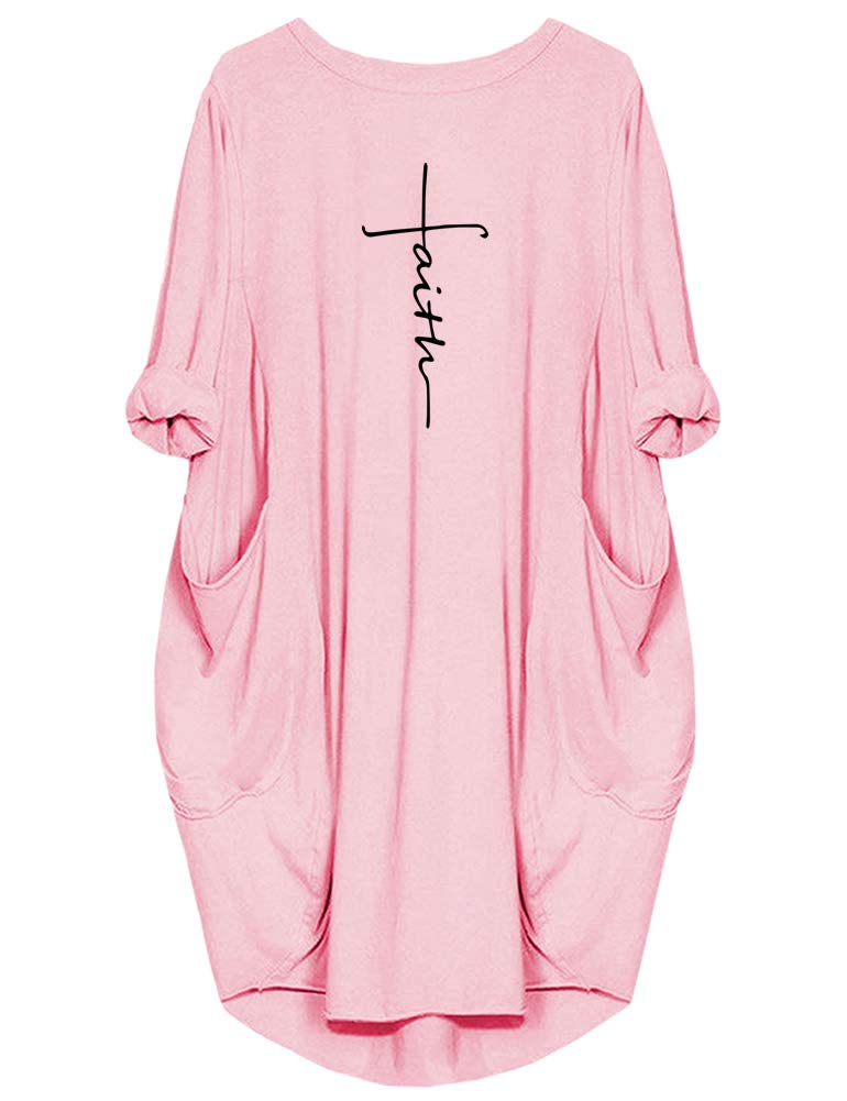 Rfecccy Women's Faith Oversize Baggy Long Sleeve T Shirt Causal Loose Midi Dresses with Pockets