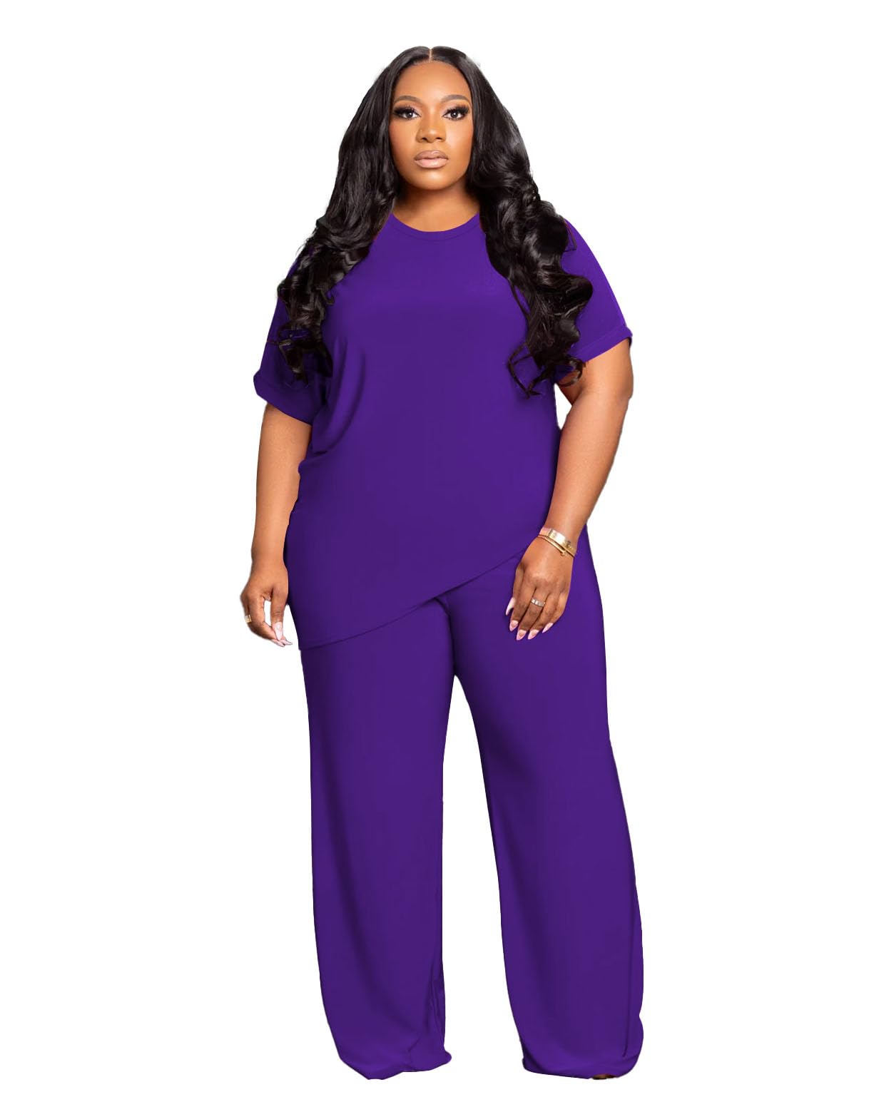 Tycorwd Women's Plus Size Two Piece Outfits Sweatsuits Sets Casual Short Sleeve Tops Loose Wide Leg Pants Tracksuit Sets