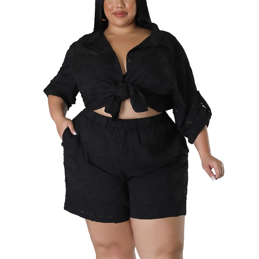 LUXRUB Women's Casual 2 Piece Outfit Plus Size Jacquard Long Sleeve Button Down Shirt Top Short Pants Sets Streetwear (Color : Black, Size : 4X-Large)