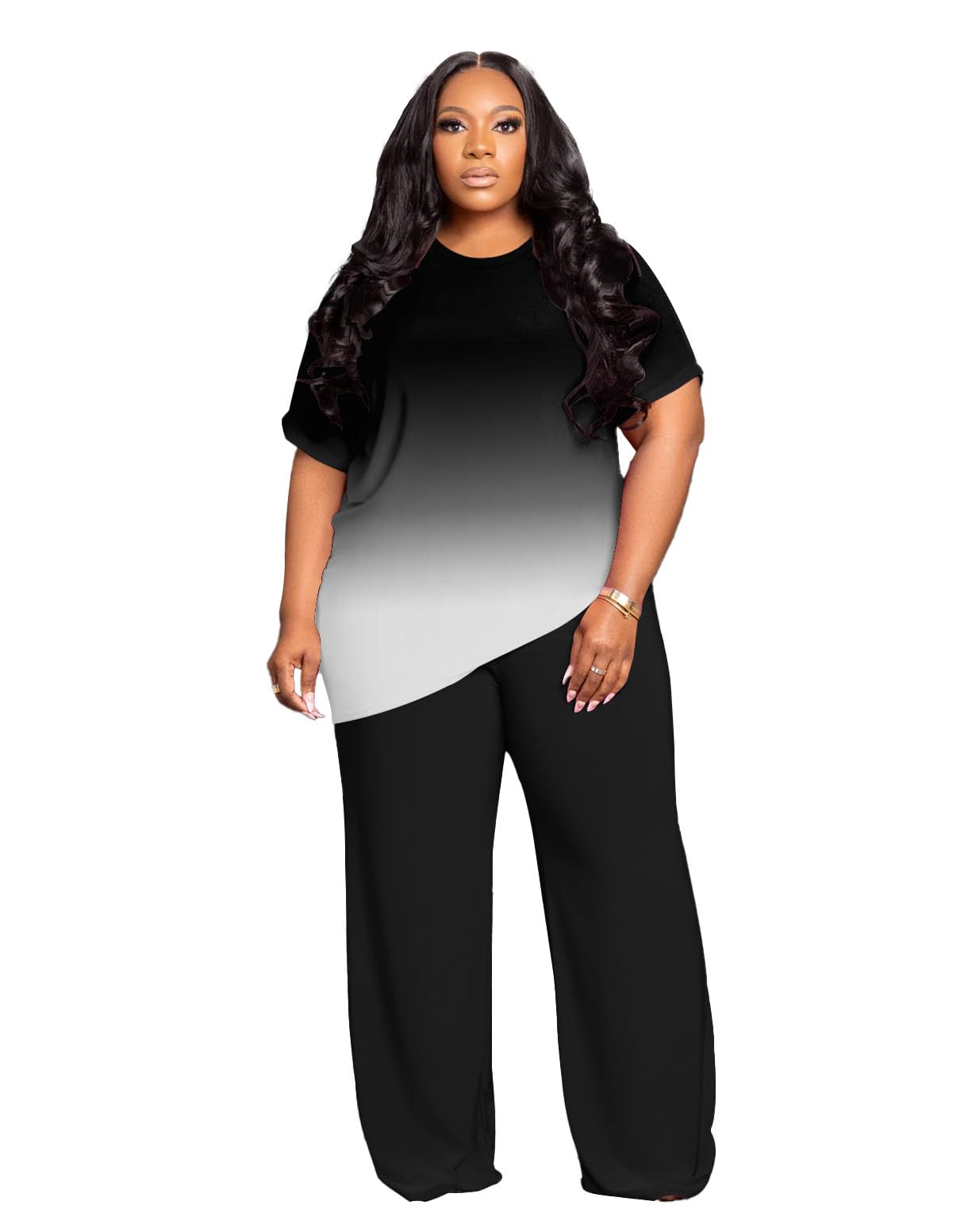 Tycorwd Women's Plus Size Two Piece Outfits Sweatsuits Sets Casual Short Sleeve Tops Loose Wide Leg Pants Tracksuit Sets