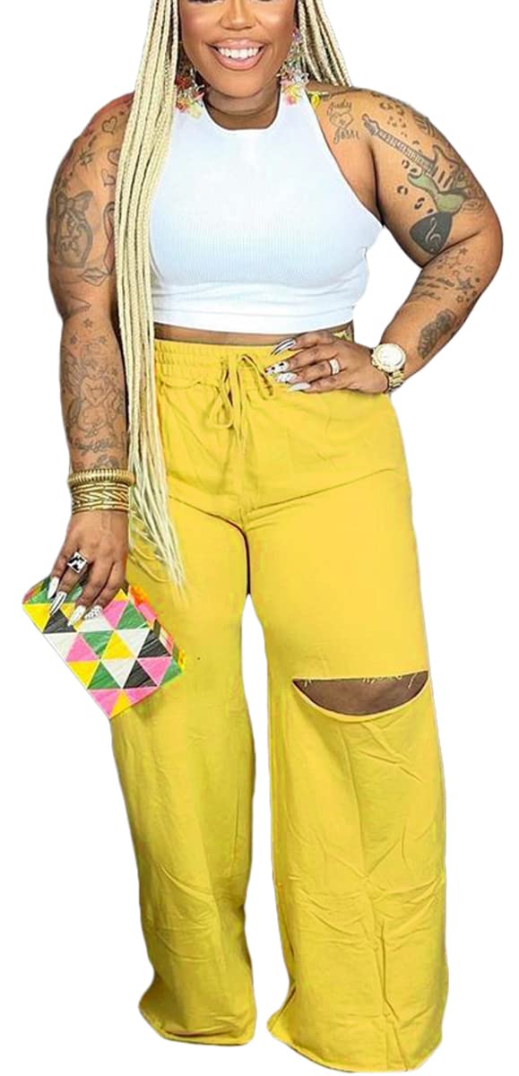 2 Piece Outfits for Women Pure Color Sleeveless Ribbed Knit Tank Top Ripped Wide Legs Long Pants Tracksuit Sport Set