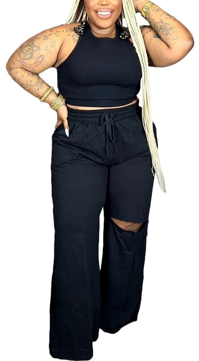 2 Piece Outfits for Women Pure Color Sleeveless Ribbed Knit Tank Top Ripped Wide Legs Long Pants Tracksuit Sport Set