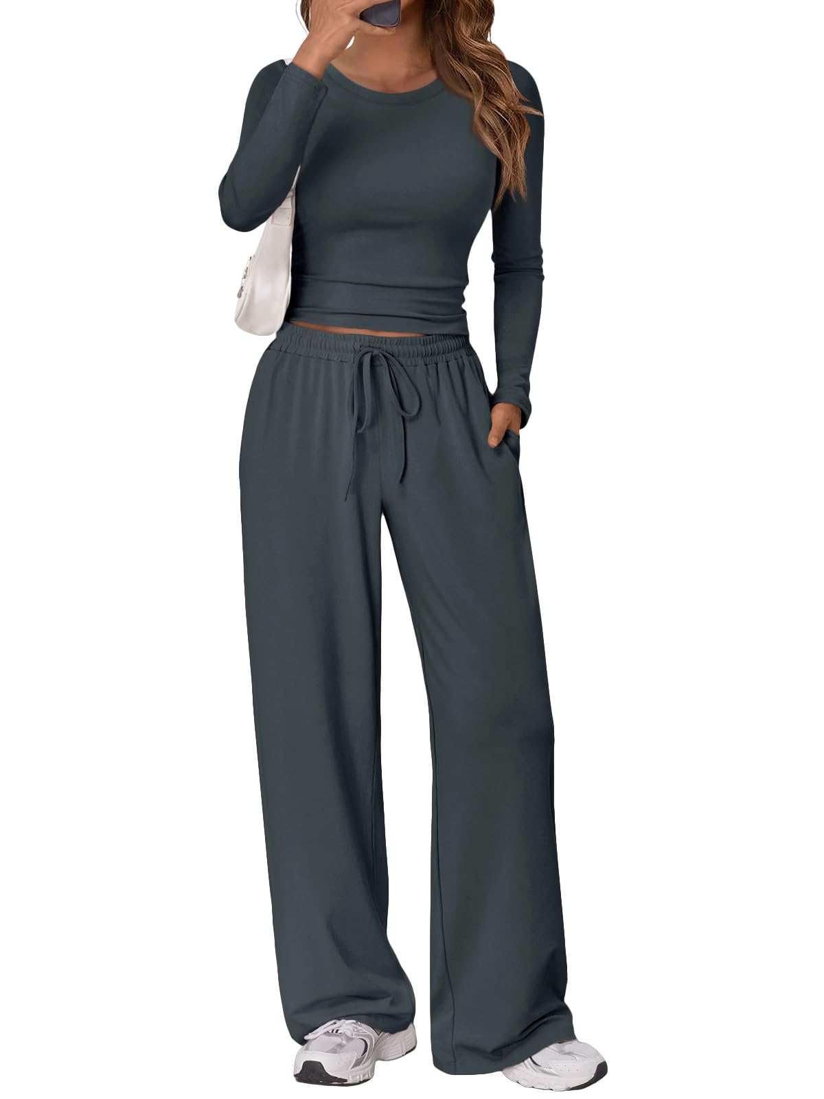 Trendy Queen Women's 2 Piece Matching Lounge Set Long Sleeve Side Ruching Top Wide Leg Drawstring Pants Set with Pockets