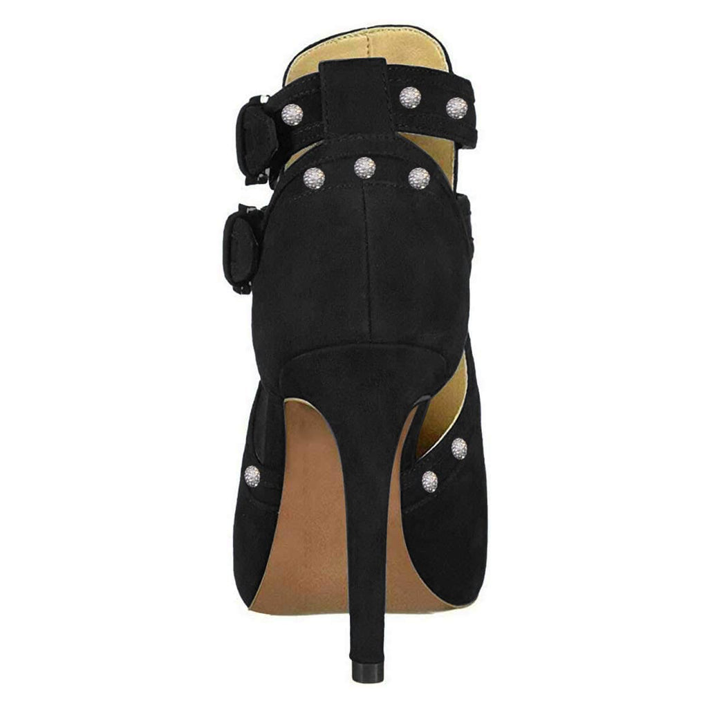 XYD Women Chic Studs Peep Toe Ankle Bootie High Heel Pumps Buckled Double Straps Cutout Fashion Party Shoes