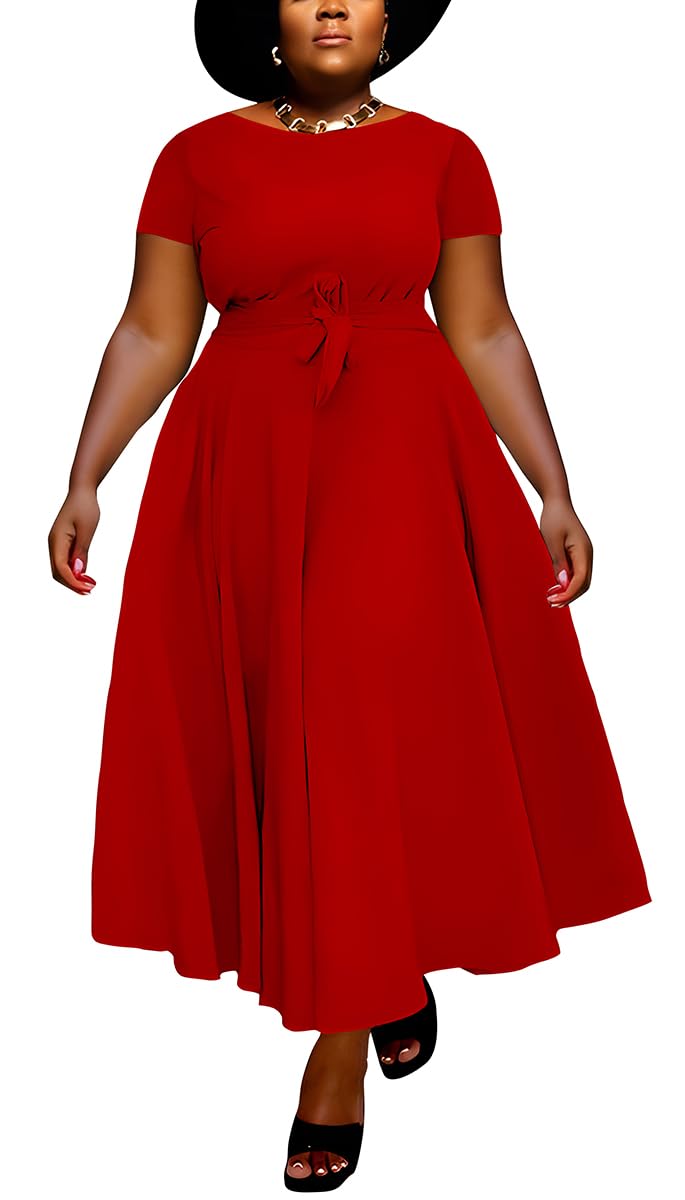 BFFBABY Plus Size Dress A Line Dresses for Women Summer Long Dresses with Sleeve Casual Belted