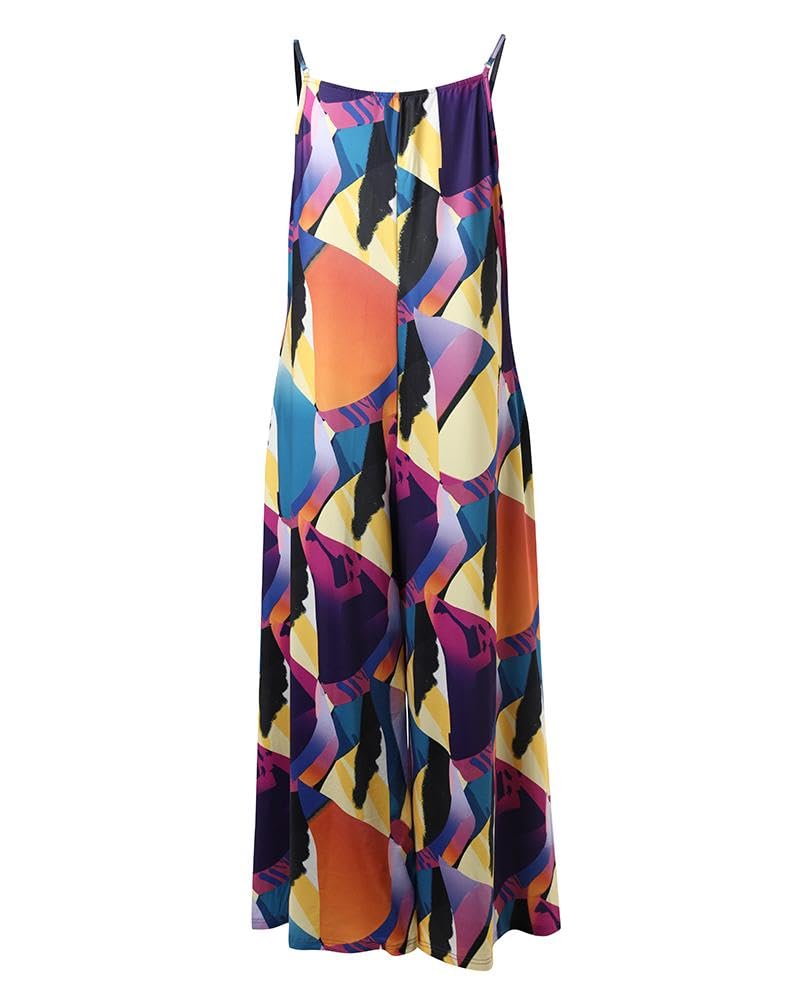 Womens Plus Size Abstract Graphic Jumpsuits with Pockets Spaghetti Strap Wide Leg Pants Loose Fit Casual Long Rompers