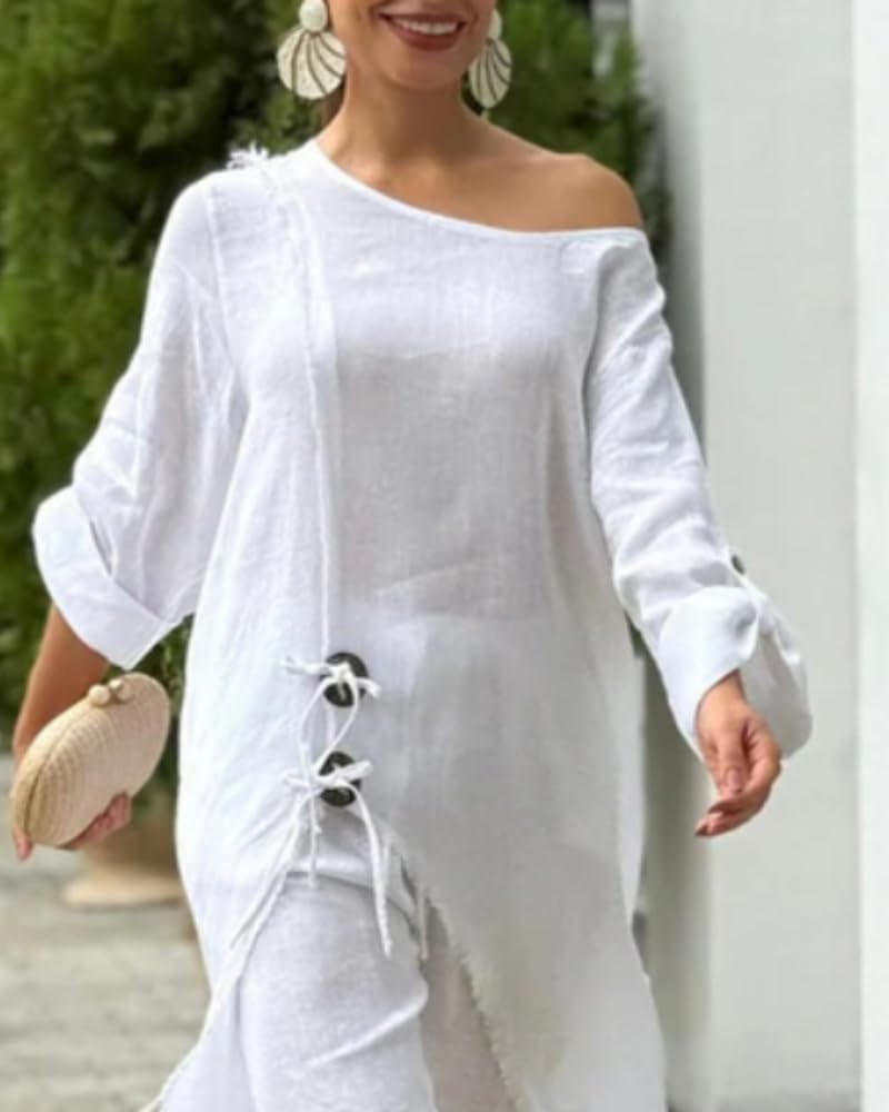 CHICME Women 2 Piece Outfits Cold Shoulder Long Sleeve Top Wide Leg Pants Linen Matching Lounge Set