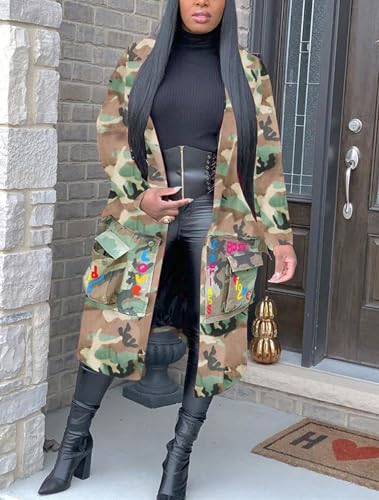 Sexy Camouflage Jacket for Women Army Fatigue Long Cargo Jackets Trench Coat Plus Size
