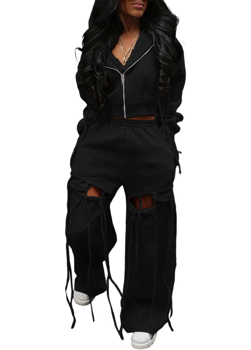 Inroserm Womens 2 Piece Outfits Casual Long Sleeve Zipper Hoodie Sweatsuits Wide Leg Ripped Lounge Pants Sets