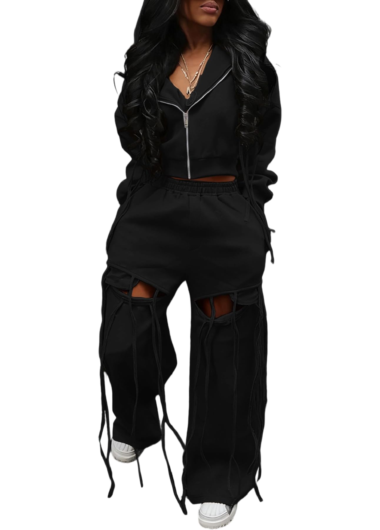 Inroserm Womens 2 Piece Outfits Casual Long Sleeve Zipper Hoodie Sweatsuits Wide Leg Ripped Lounge Pants Sets