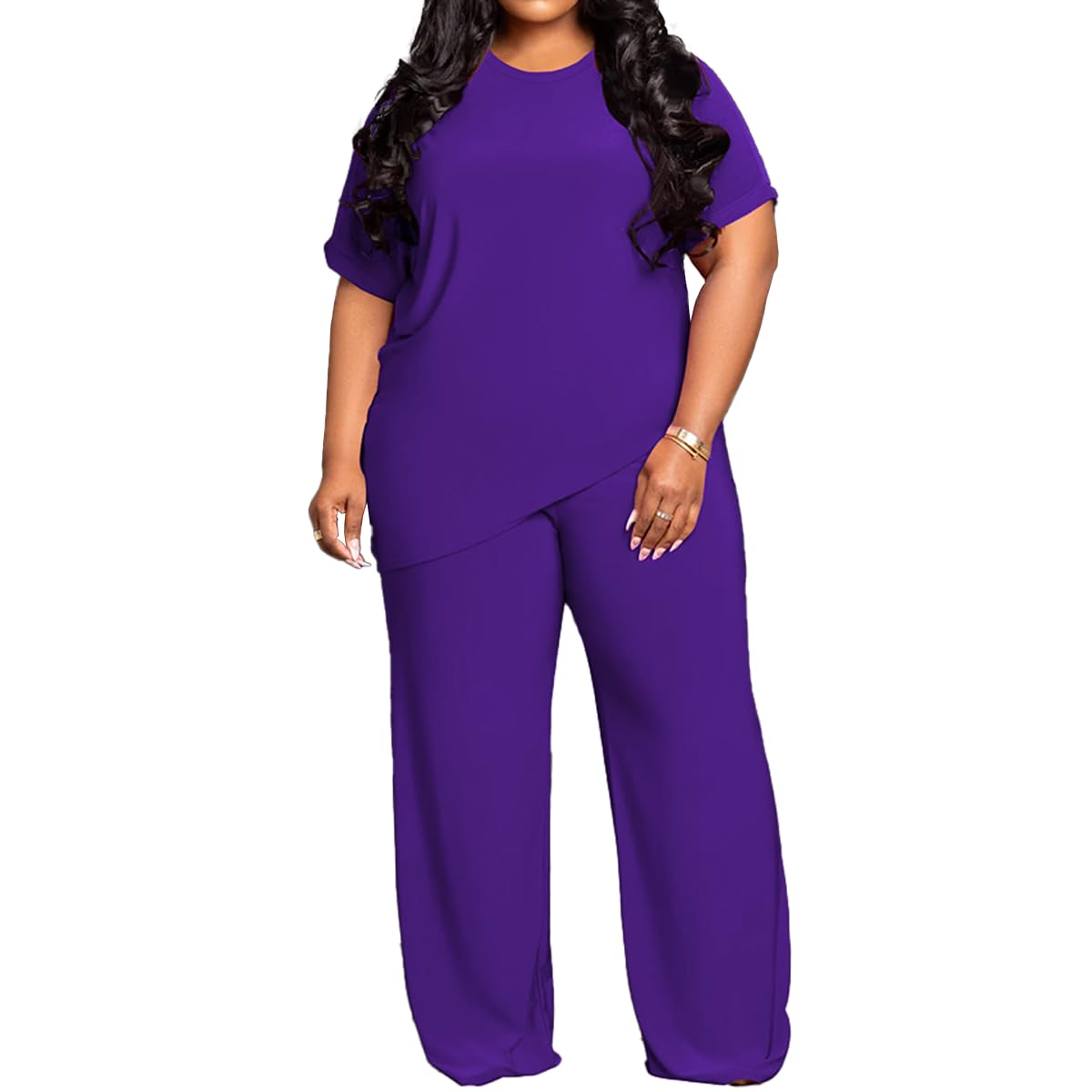 TOPSRANI Womens Plus Size Two Piece Outfits Sweatsuits Casual Tracksuit Short Sleeve Loose Baggy Wide Leg Long Pants Sets