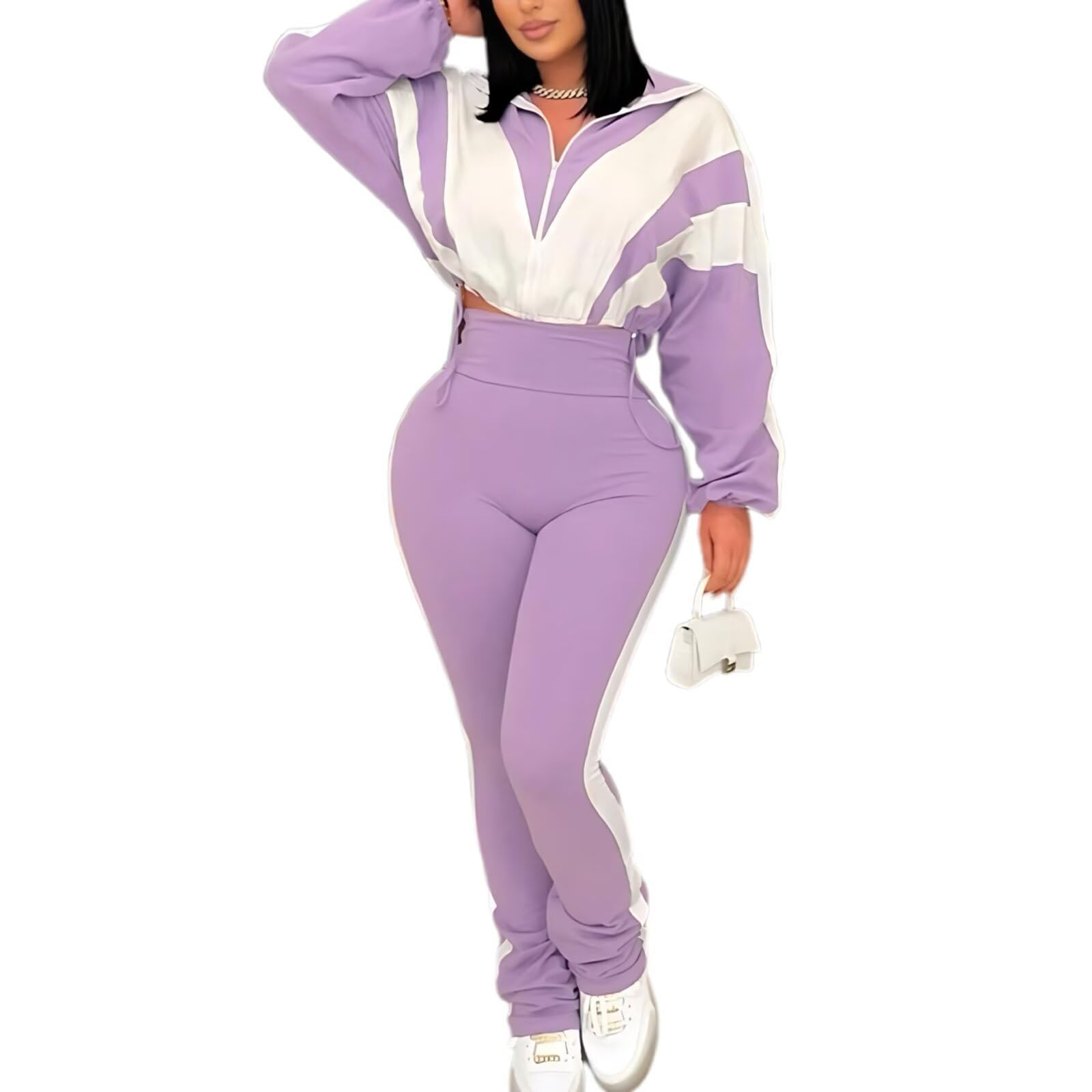 Remelon Womens 2 Piece Set Sweatsuit Color Block Long Sleeve Zip Up Cropped Jacket Legging Pants Set Tracksuit Jogger Outfits