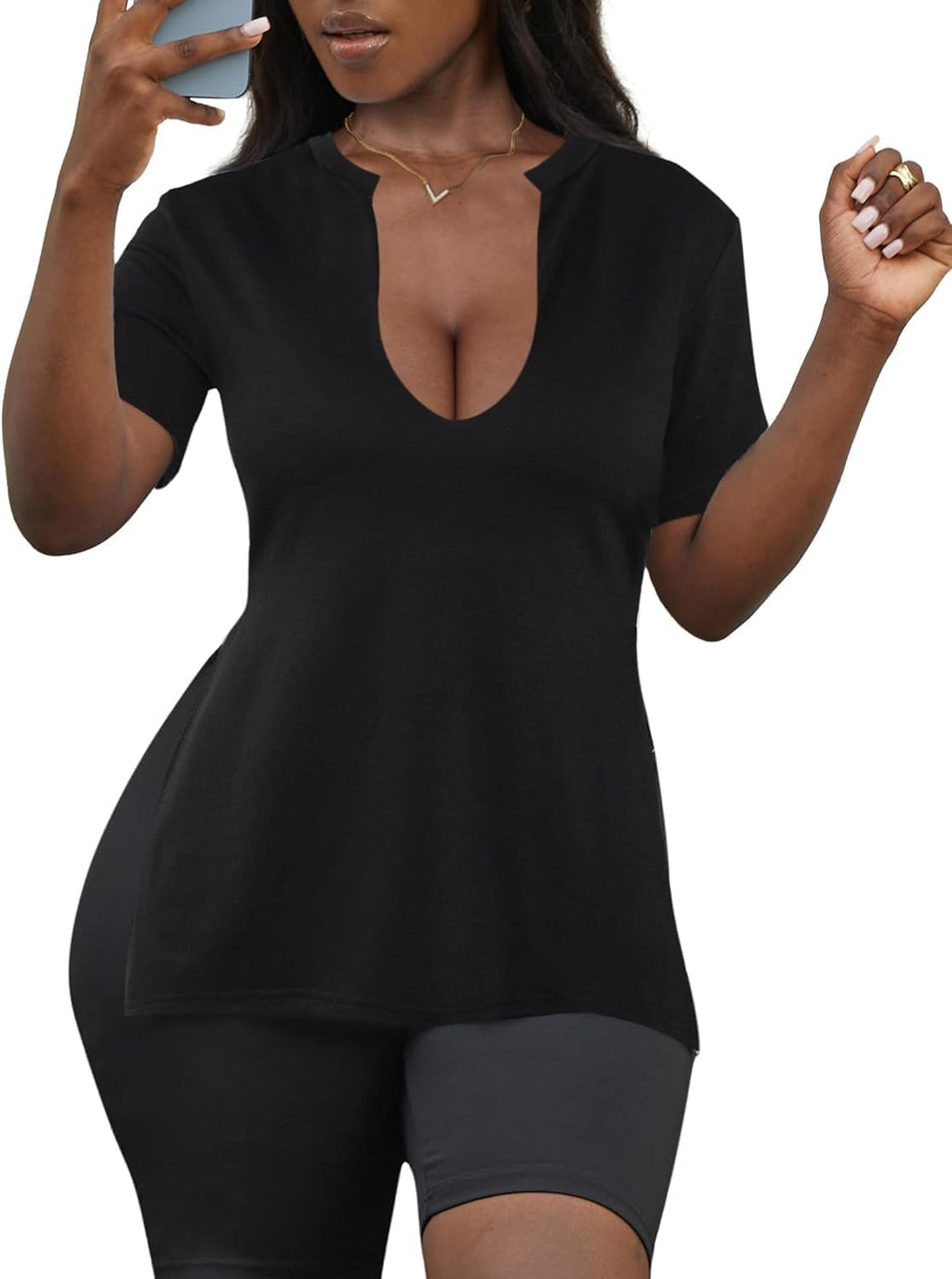 LovelyWholesale Womens Graphic Tees Sexy V Neck T Shirts Short Sleeve Side Slit Summer Tops