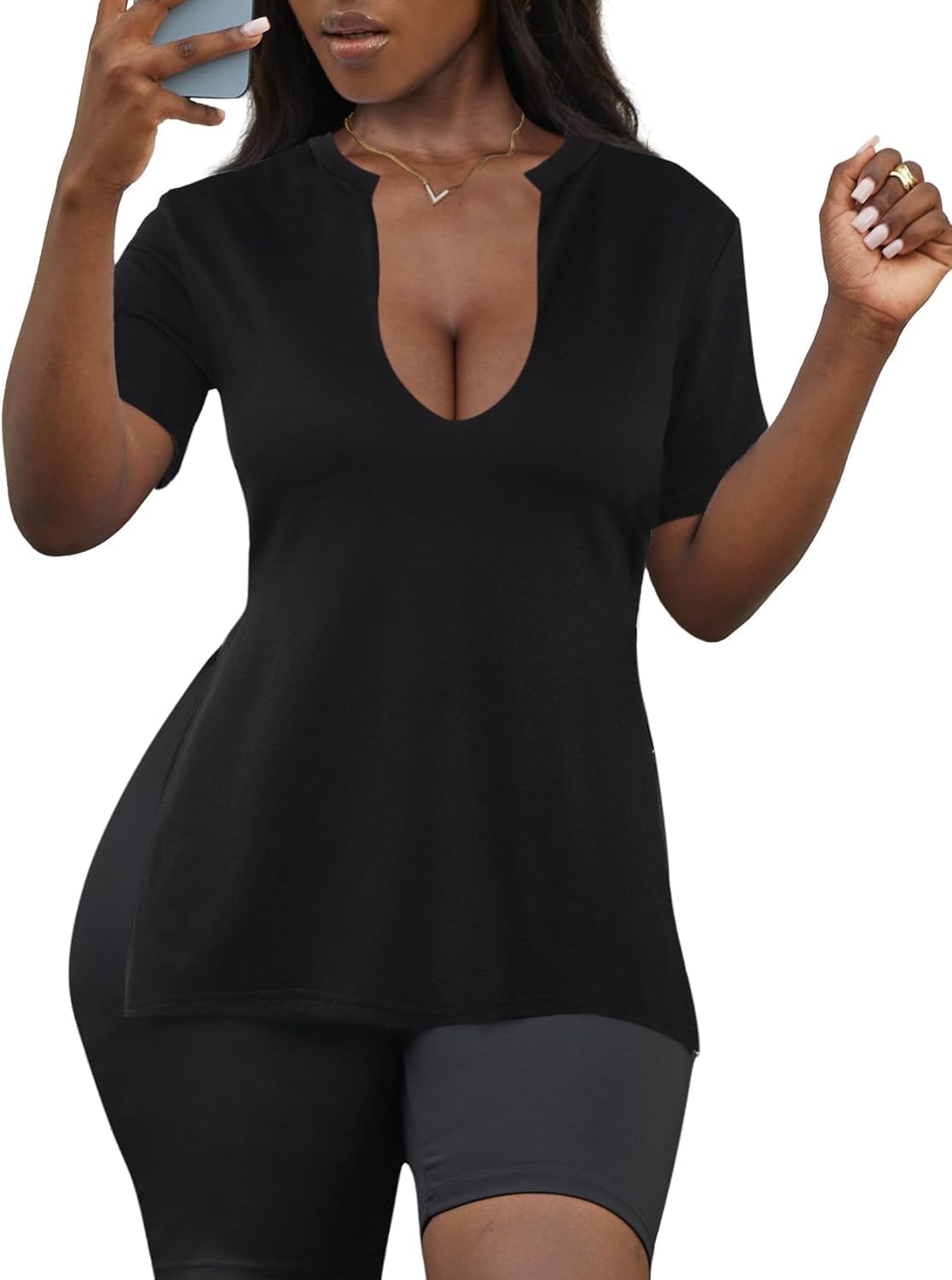 LovelyWholesale Womens Graphic Tees Sexy V Neck T Shirts Short Sleeve Side Slit Summer Tops