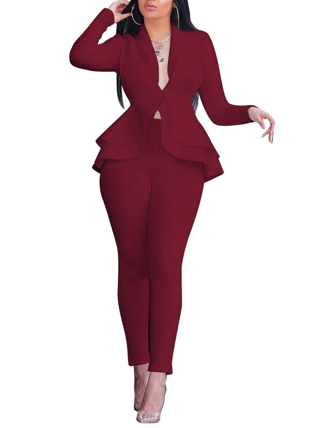 Salimdy Sexy 2 Piece Outfits for Women Long Sleeve Solid Blazer with Pants Casual Elegant Business Suit Sets