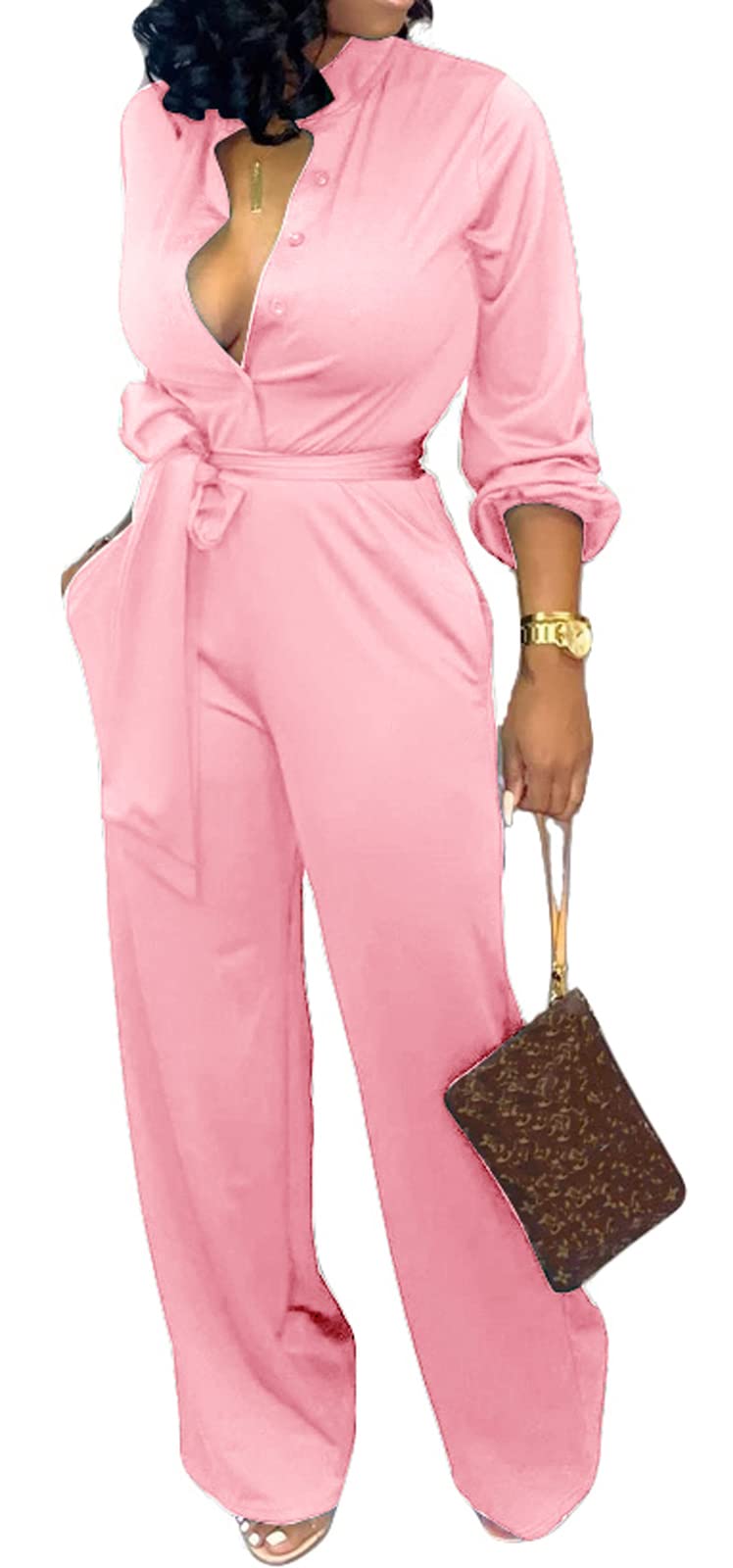 SxClub Jumpsuits for Women Formal Sexy Elegant Long Straight Pants Busineess Party Jumpsuit with Belt Pockets