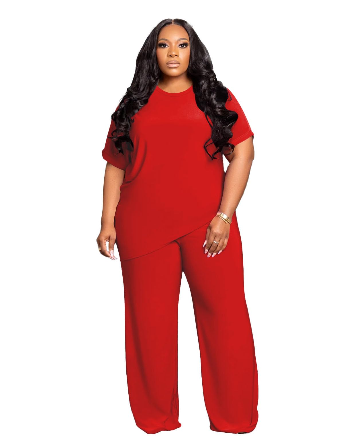 Tycorwd Women's Plus Size Two Piece Outfits Sweatsuits Sets Casual Short Sleeve Tops Loose Wide Leg Pants Tracksuit Sets