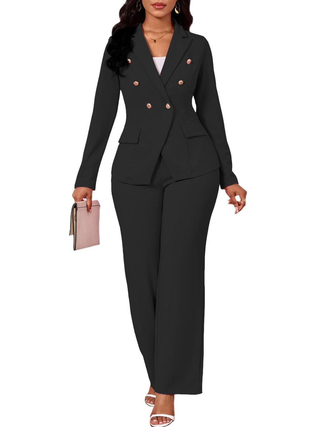 Two Piece Sets for Women Blazer Double Breasted Long Sleeve Jacket Wide Leg Pants Suits Set Business Casual Outfits
