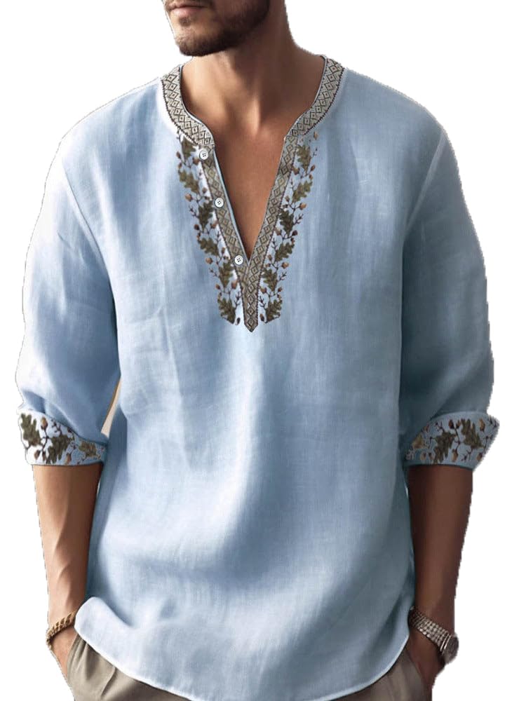 Mens Henley Shirts Summer Casual Button Banded Collar T Shirts Vintage Long Sleeve Cotton Linen Beach Pullover Tops