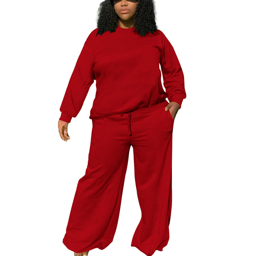 TOPSRANI Womens Plus Size Sweatsuits Tracksuit 2 Piece Outfits Crewneck Lounge Set Long Sleeve Baggy Wide Leg Pant Sets