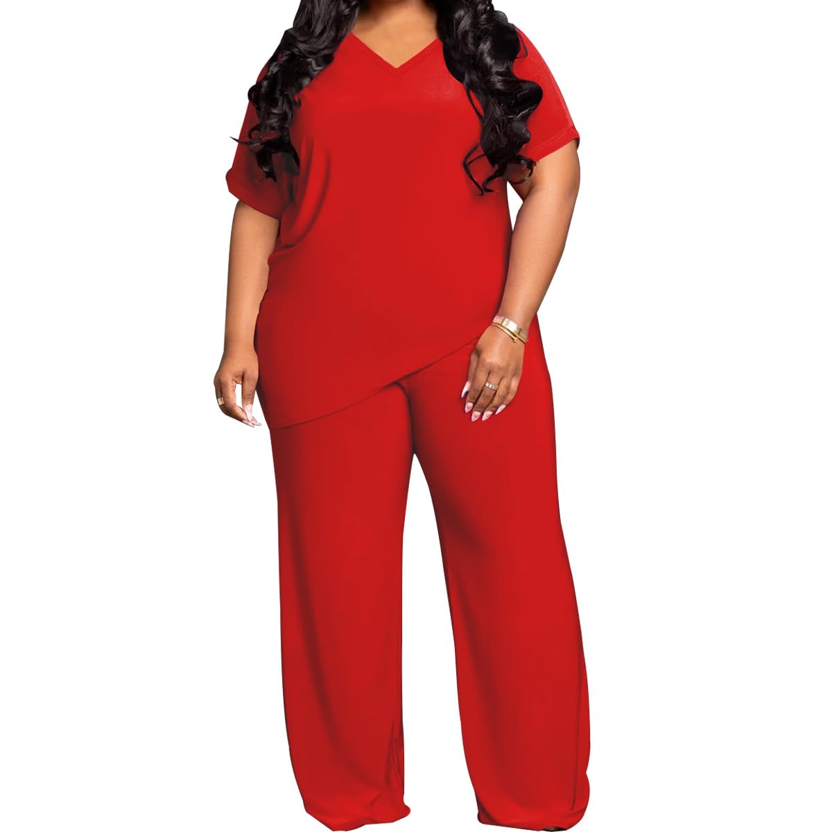 TOPSRANI Womens Plus Size Two Piece Outfits Sweatsuits Casual Tracksuit Short Sleeve Loose Baggy Wide Leg Long Pants Sets