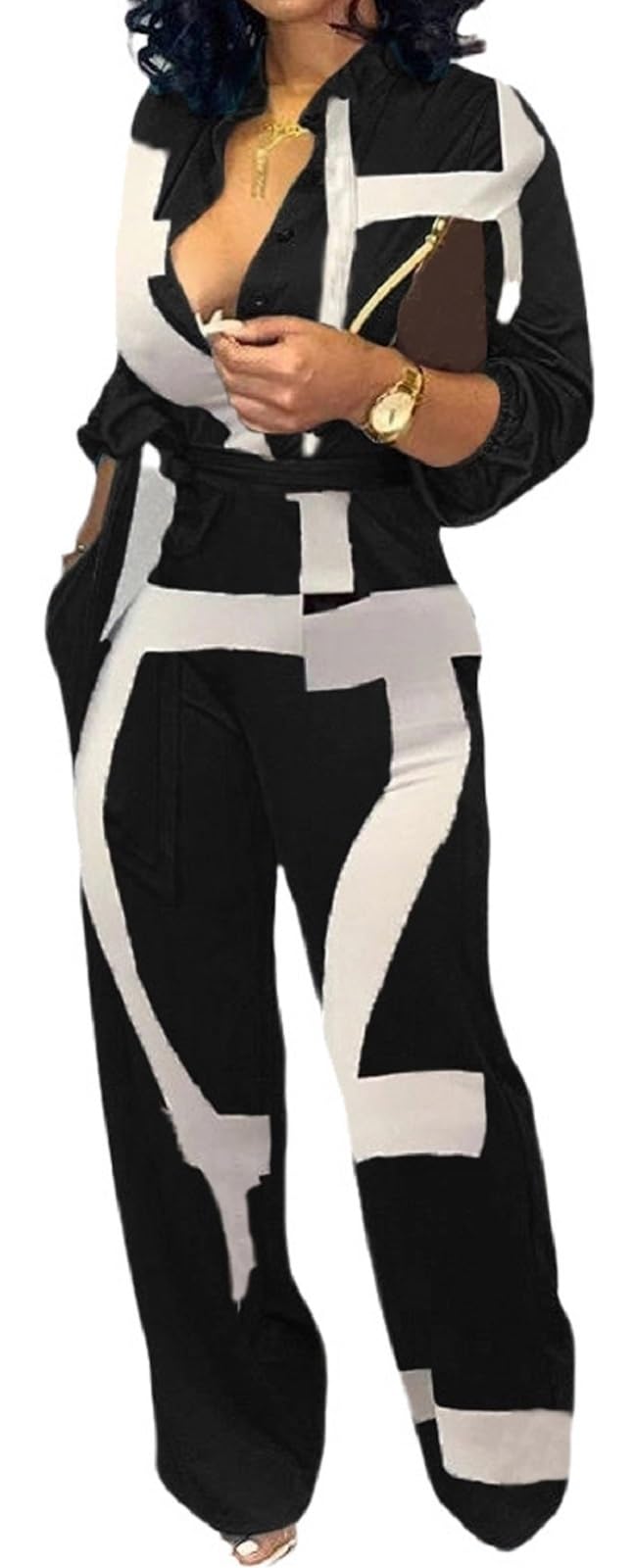 SeNight Women's Jumpsuits Elegant Business Casual Button Down V Neck Long Sleeve Strap Straight Long Pants With Pockets