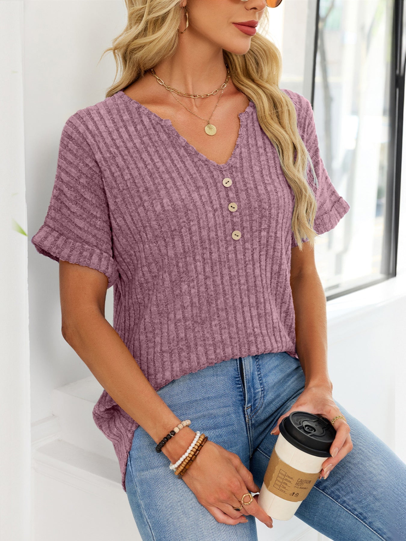 Women's Ribbed Knit Short Sleeve V-Neck T-Shirt with Buttons