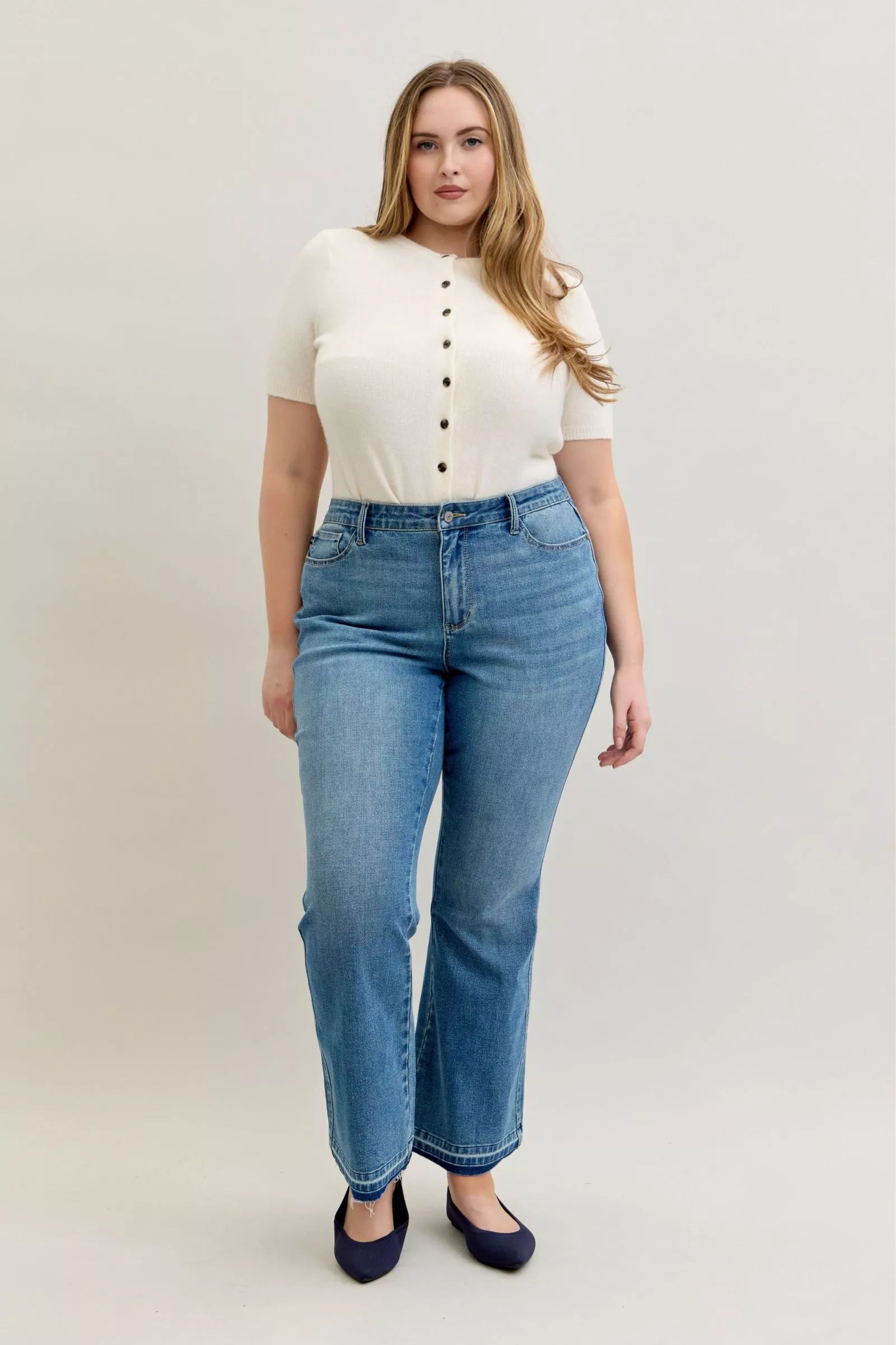 Judy Blue Plus Size Jeans Mid Rise Slim Bootcut Tummy Control Release Hem For Curvy Women