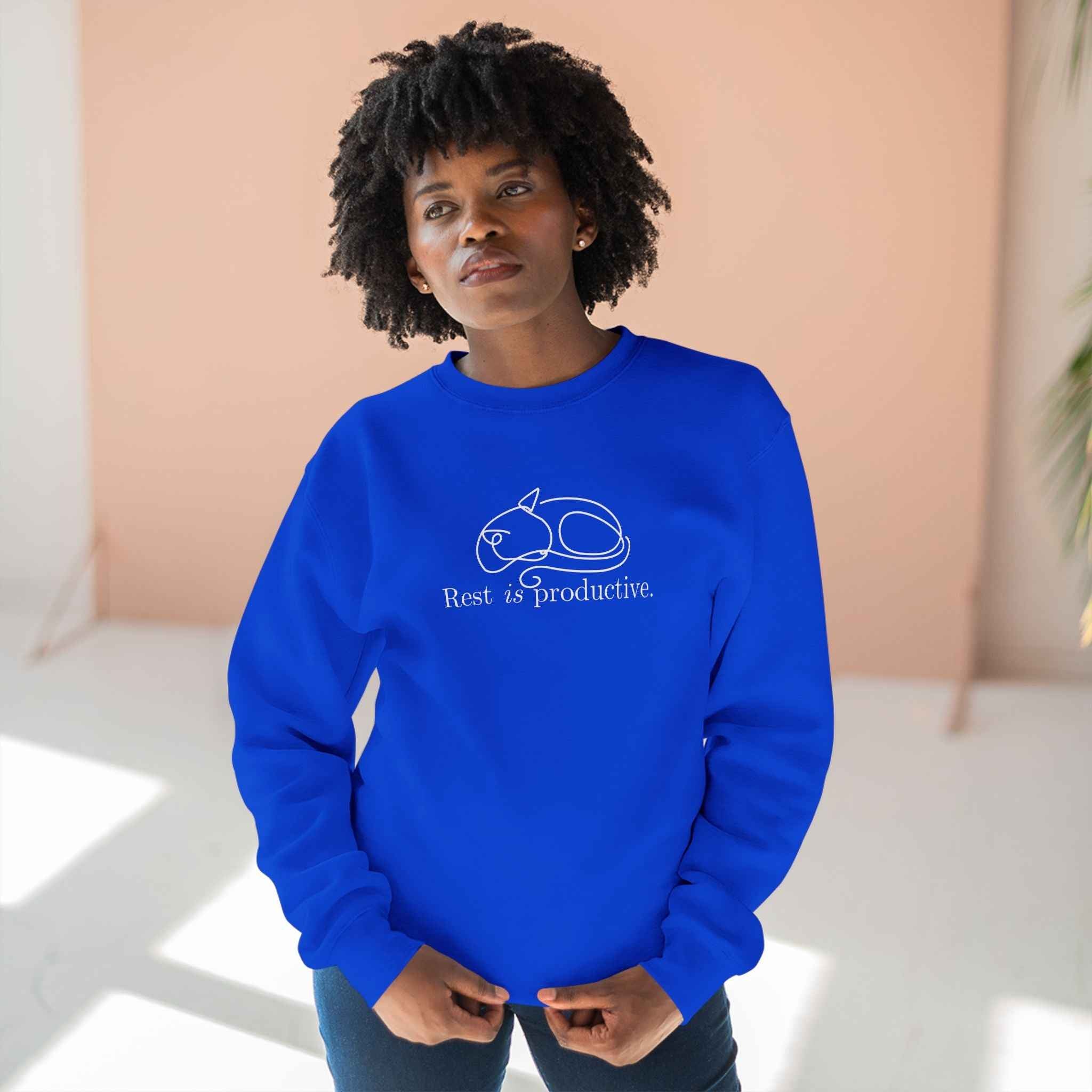 “Rest Is Productive” Minimalist Cat Sweatshirt – Comfort Fleece Pullover