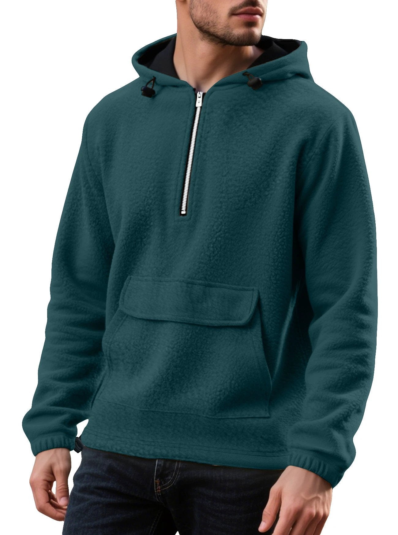 Men's Padded Fleece Solid Color Half Zip Hooded Pullover Sweater