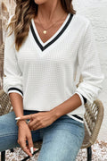 White Textured Knit Preppy Striped Trim V Neck Pullover Waffle Women's Top