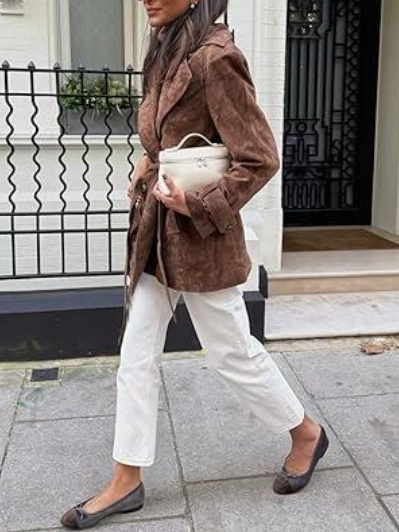 Women's Brown Double-Breasted Tie Waist Suede-Look Coat