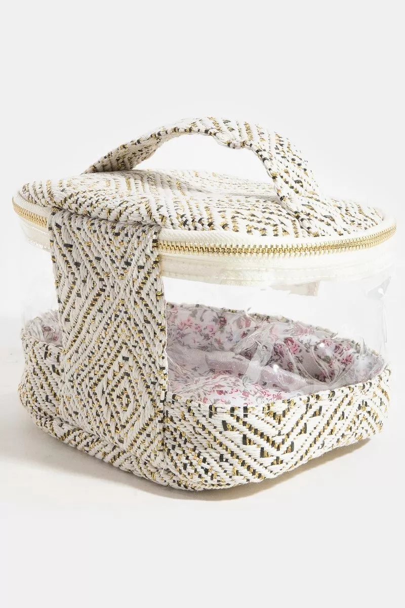 Woven Clear Cosmetic Case with Gold Accents and Floral Interior