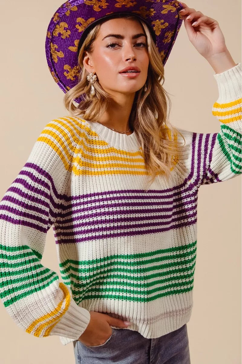 SO ME Mardi Gras Striped Raglan Sweater Top For Women Bold Colors Cozy Knit Giftable Holiday Essential