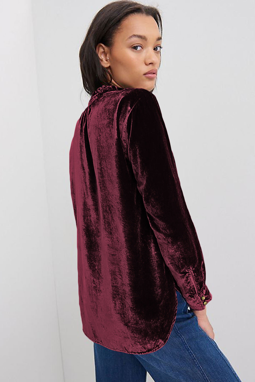 Green Frilled Neck Buttoned Front Velvet Women's Top