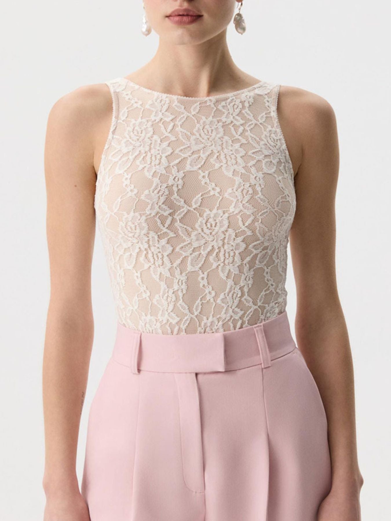 Women's Sheer Floral Lace Round Neck Tank Top in Ivory