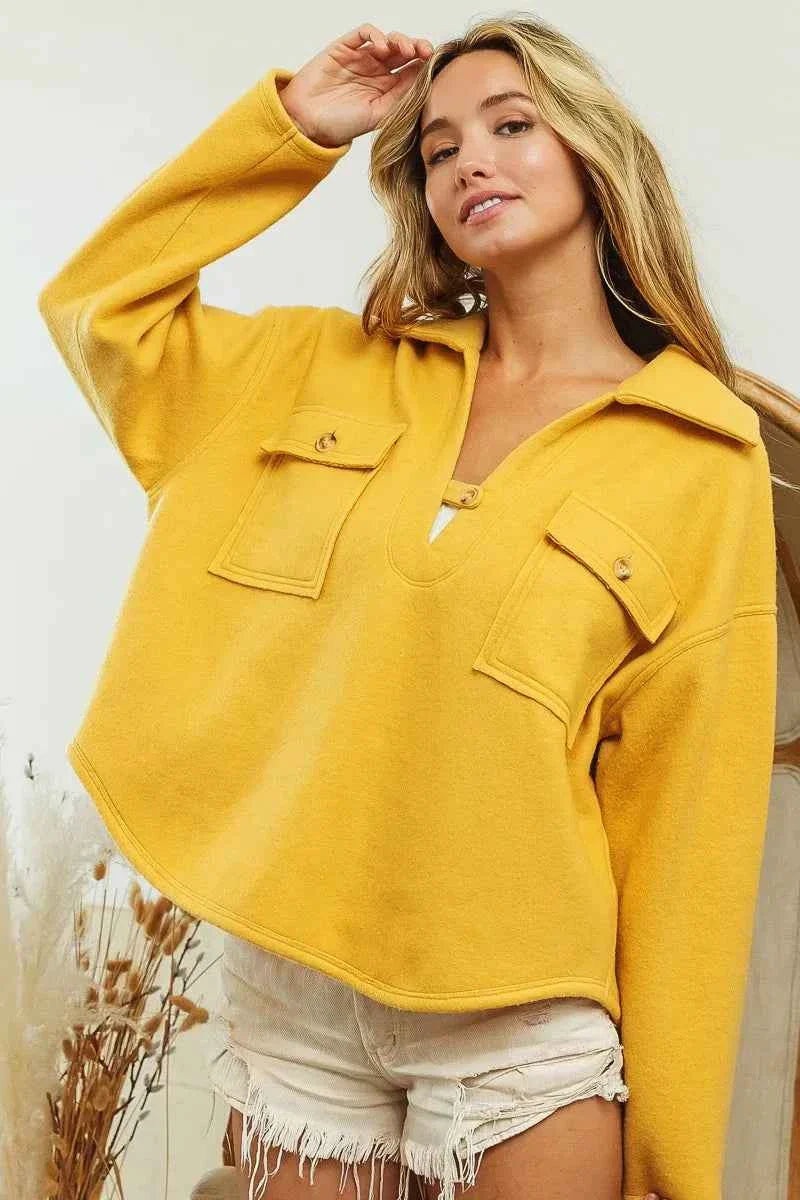 BiBi Fleece Collared Women's Sweatshirt with Flap Pockets