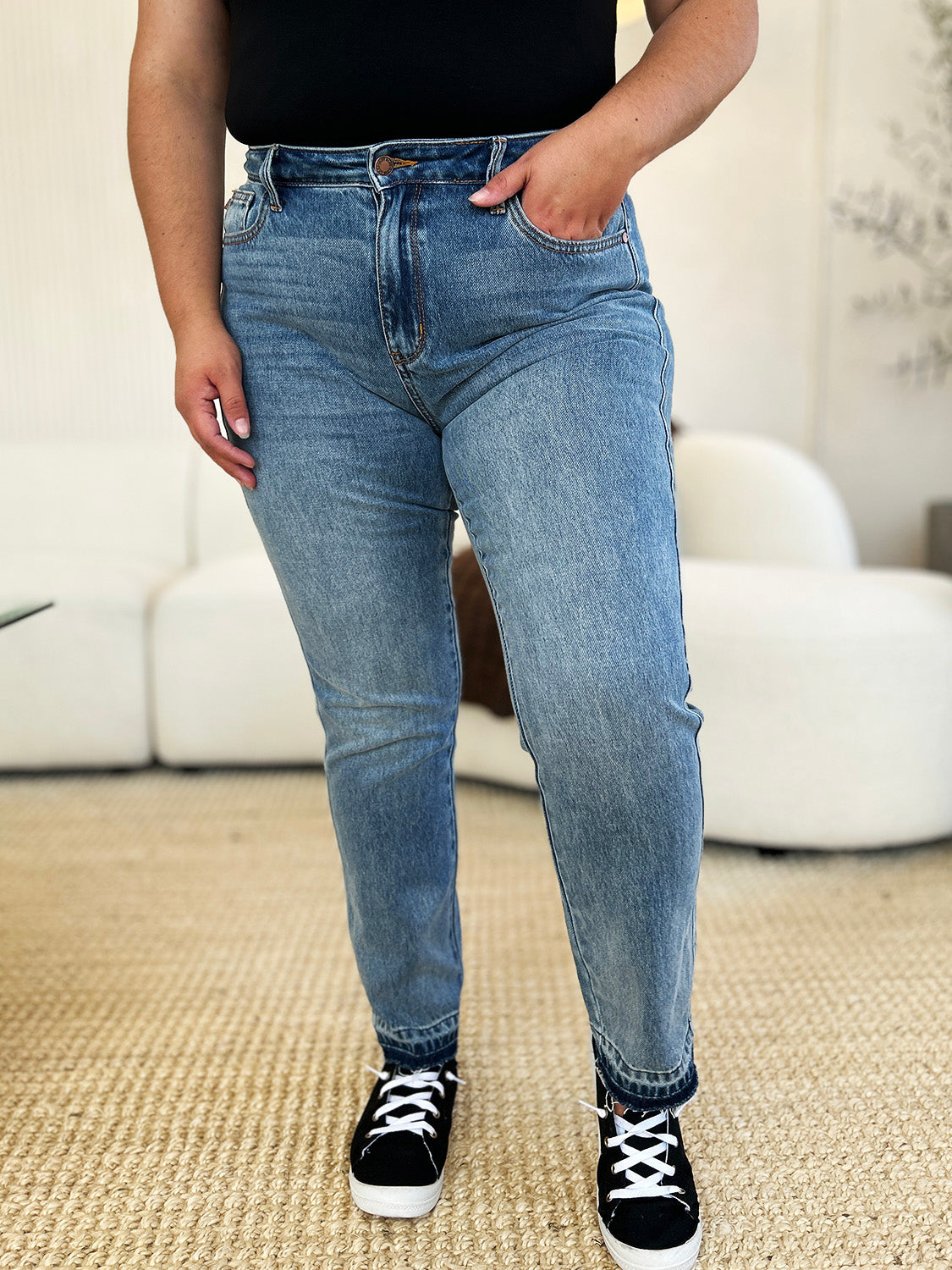 Judy Blue Full Size Mid Rise Rigid Jeans With Magic Release Hem For Women Size Down Friendly