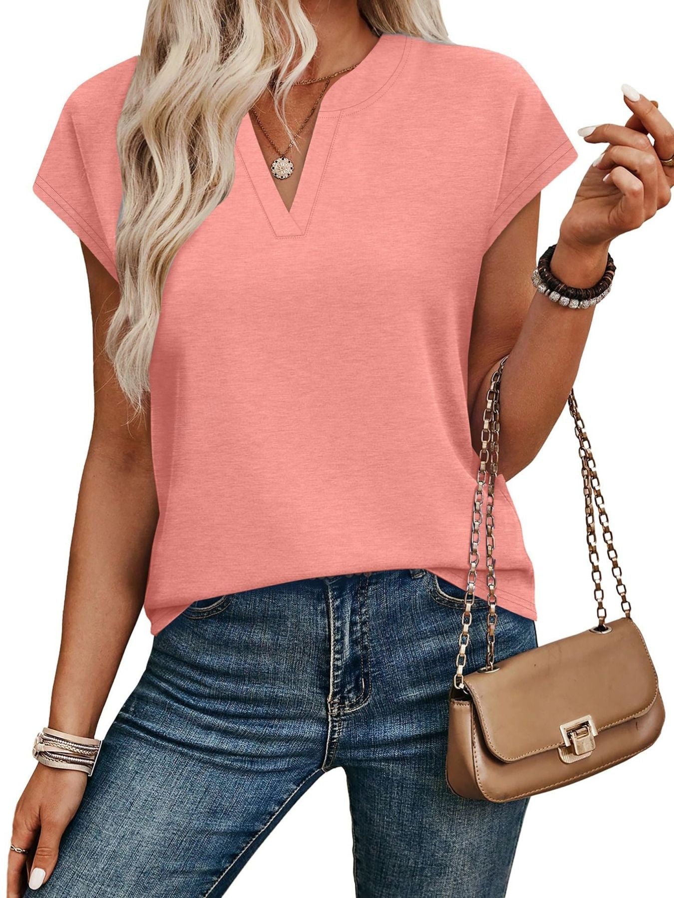 Women's Blue Notched Neck Short Sleeve Basic T-Shirt