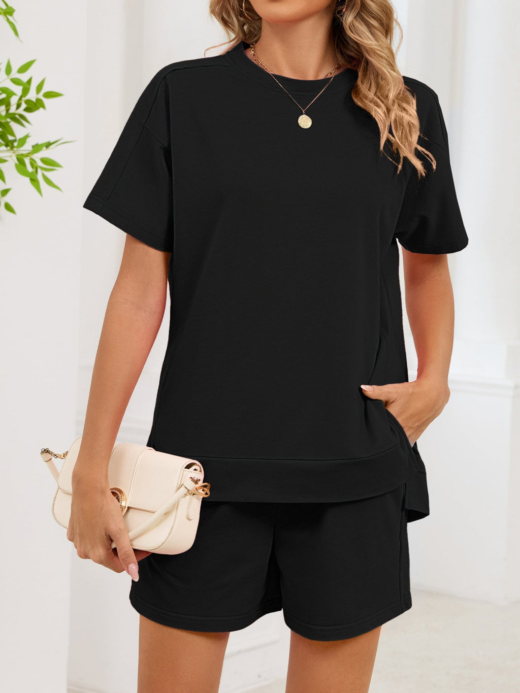 Women's Round Neck Short Sleeve T-Shirt and Shorts Lounge Set
