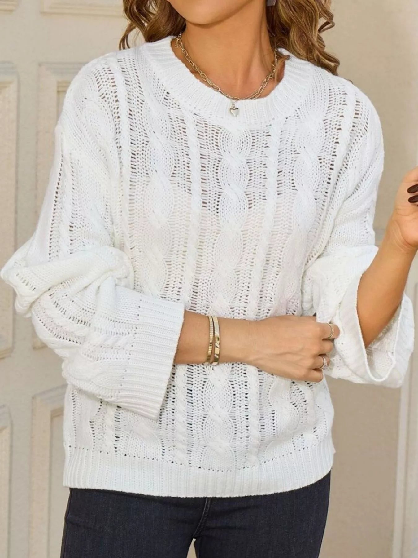 Women's White Cable Knit Long Sleeve Openwork Sweater