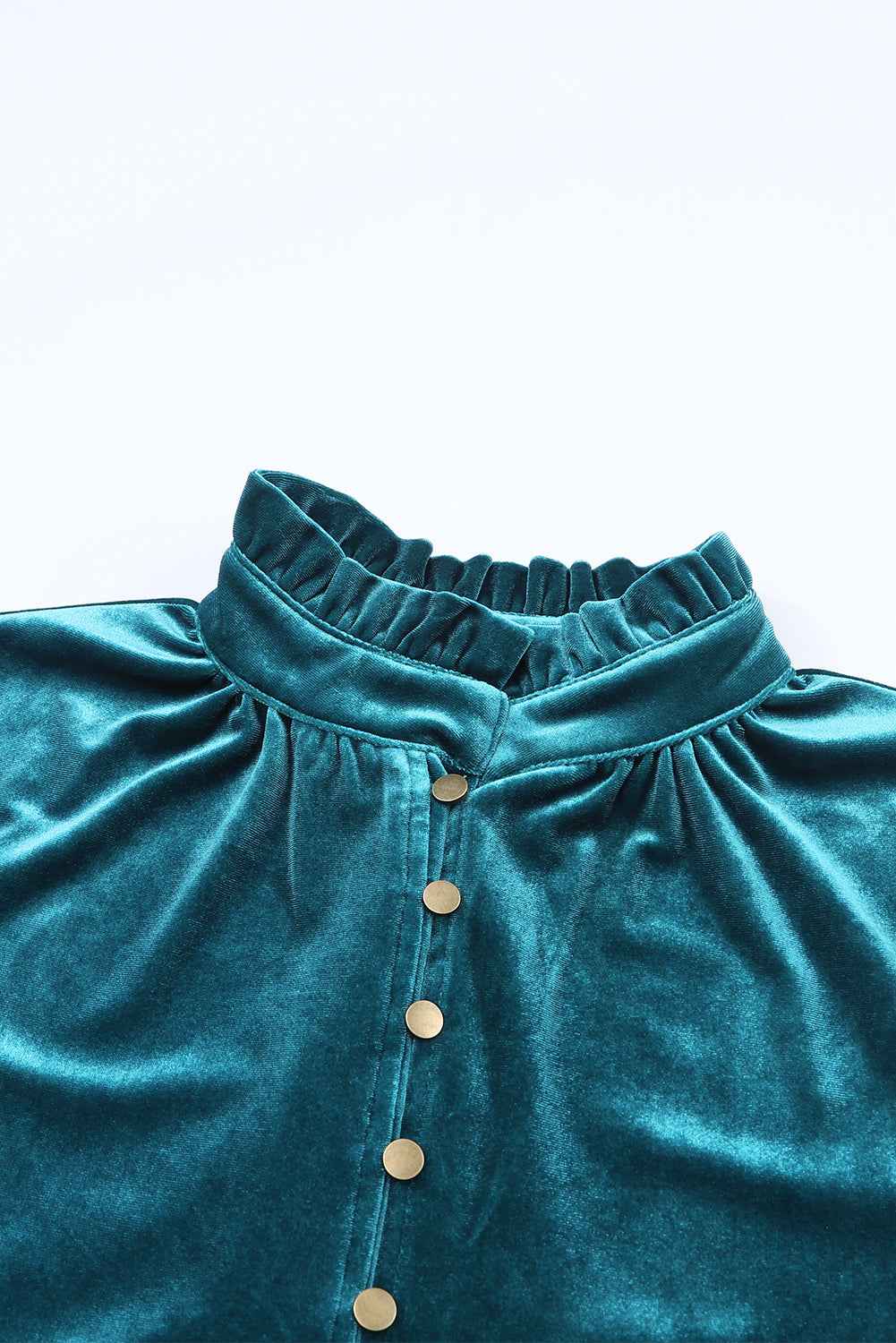 Green Frilled Neck Buttoned Front Velvet Women's Top