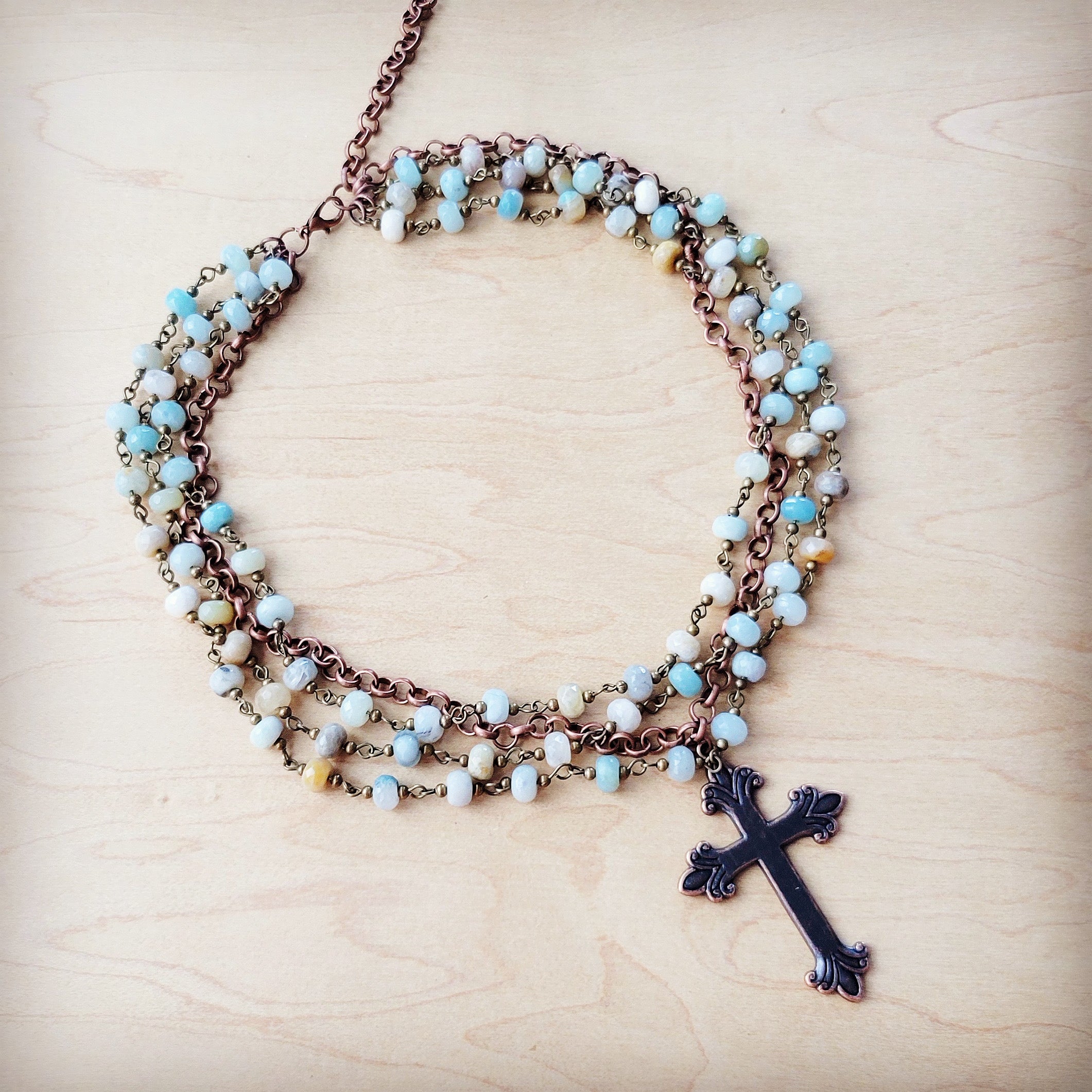 Amazonite Beaded Collar Necklace w/ Cross Pendant 261a