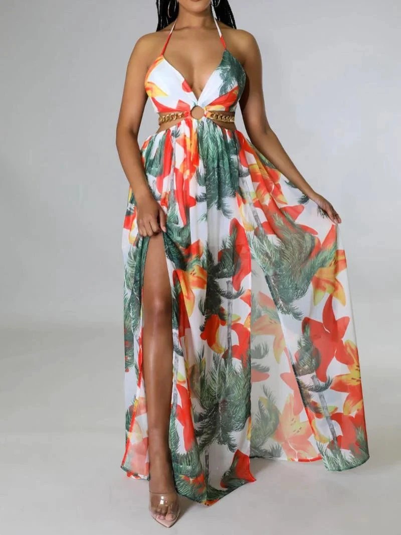 Tropical Floral Printed Dress Sling Style