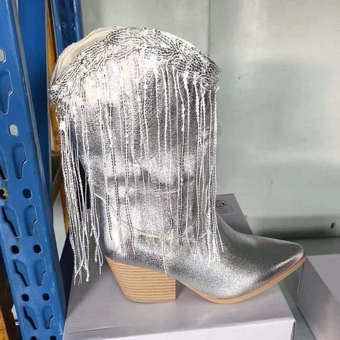 European And American Fashion Middle Fashion Boots Female Retro Chunky Heel Pleated Western Knight