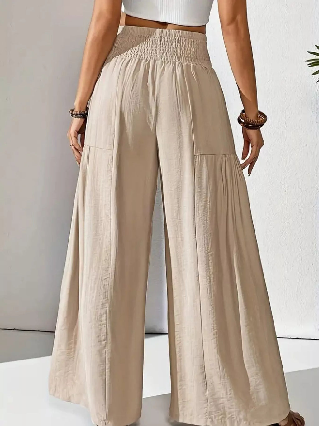 Women's Khaki Smocked Waist Wide Leg Flowy Casual Pants