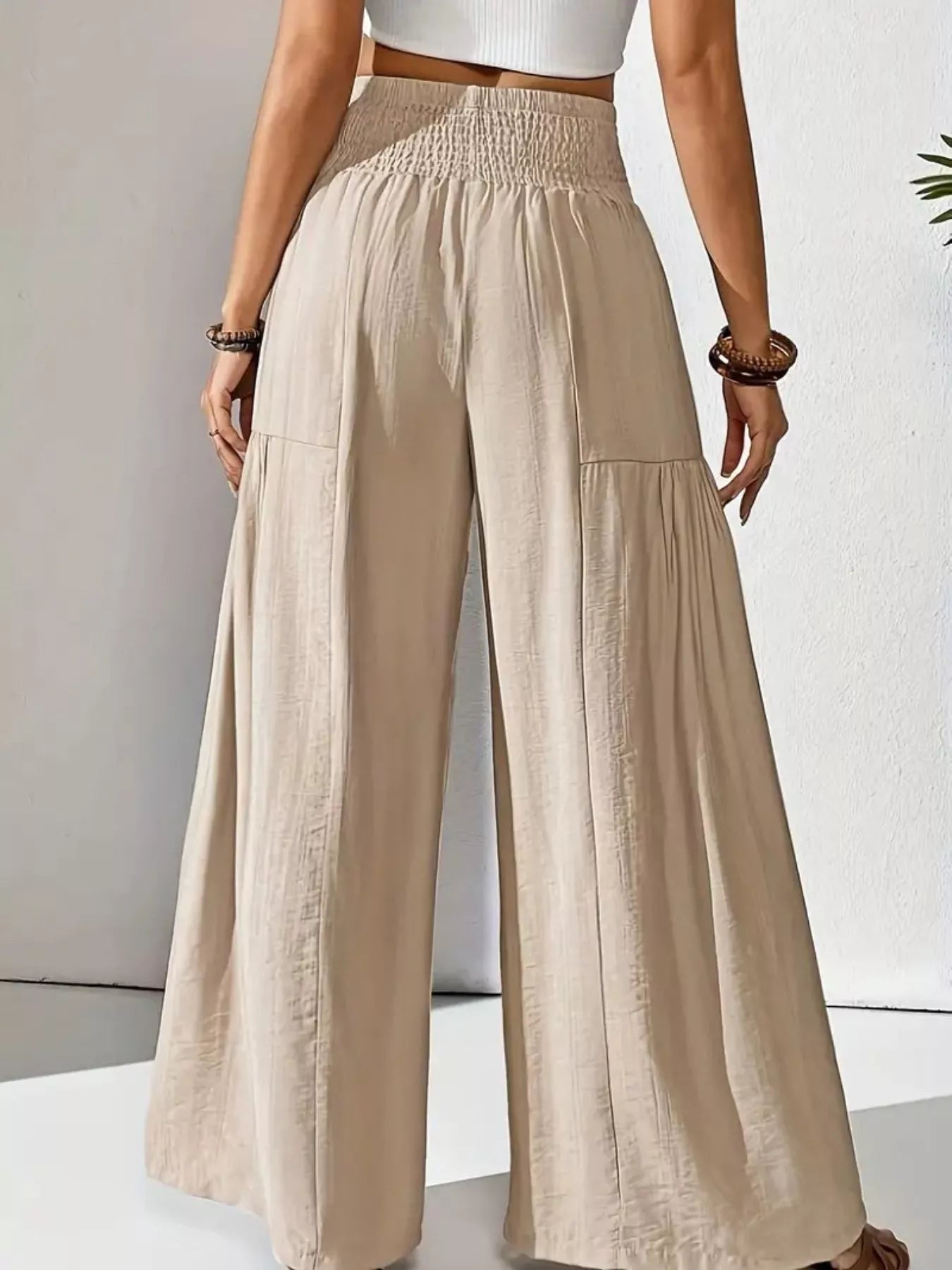 Women's Khaki Smocked Waist Wide Leg Flowy Casual Pants
