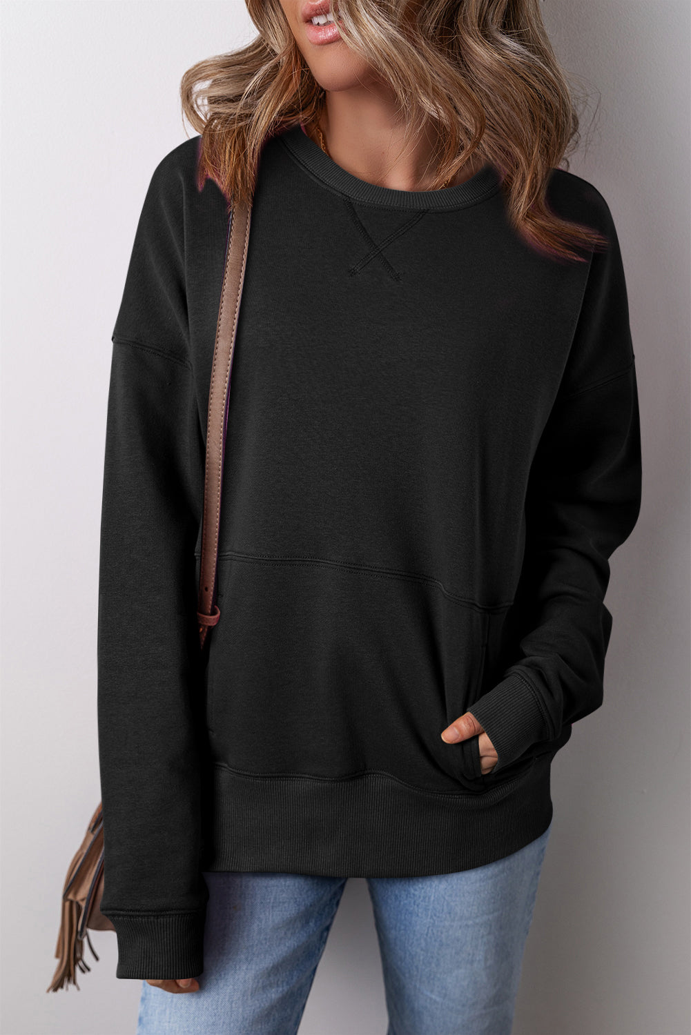 Drop Shoulder Women's Sweatshirt - Crisscross Stitching with Pockets