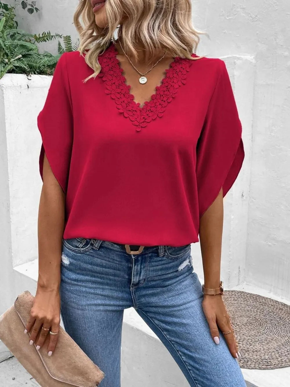 Lace Detail V-Neck Half Sleeve Women's Blouse